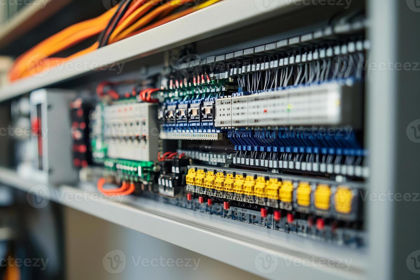 Electrical cabinet showing complex wiring and components in server room. . photo