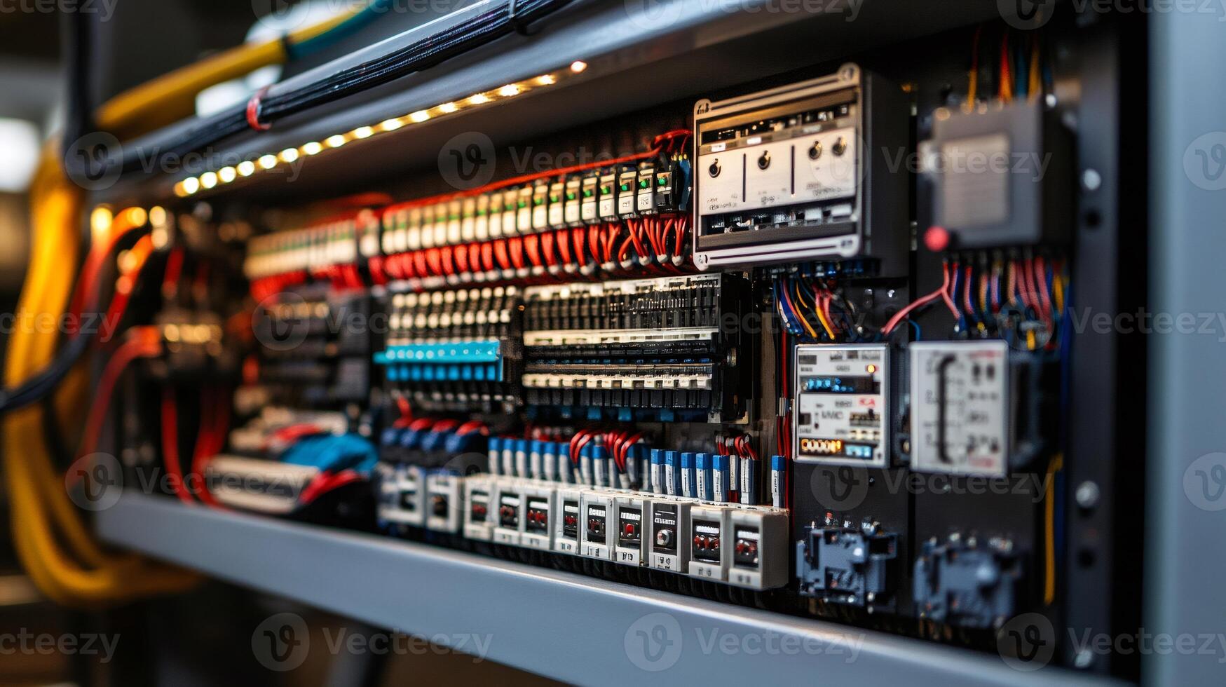 Electrical cabinet showing colorful wires and components managing power distribution .. photo