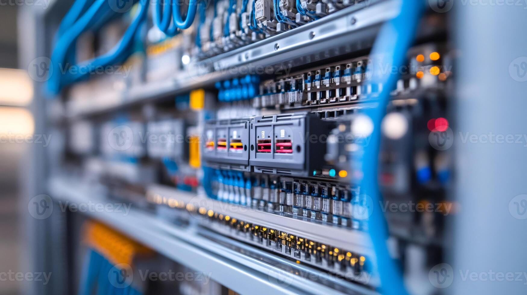 Network server rack with flashing lights storing big data and processing digital information photo