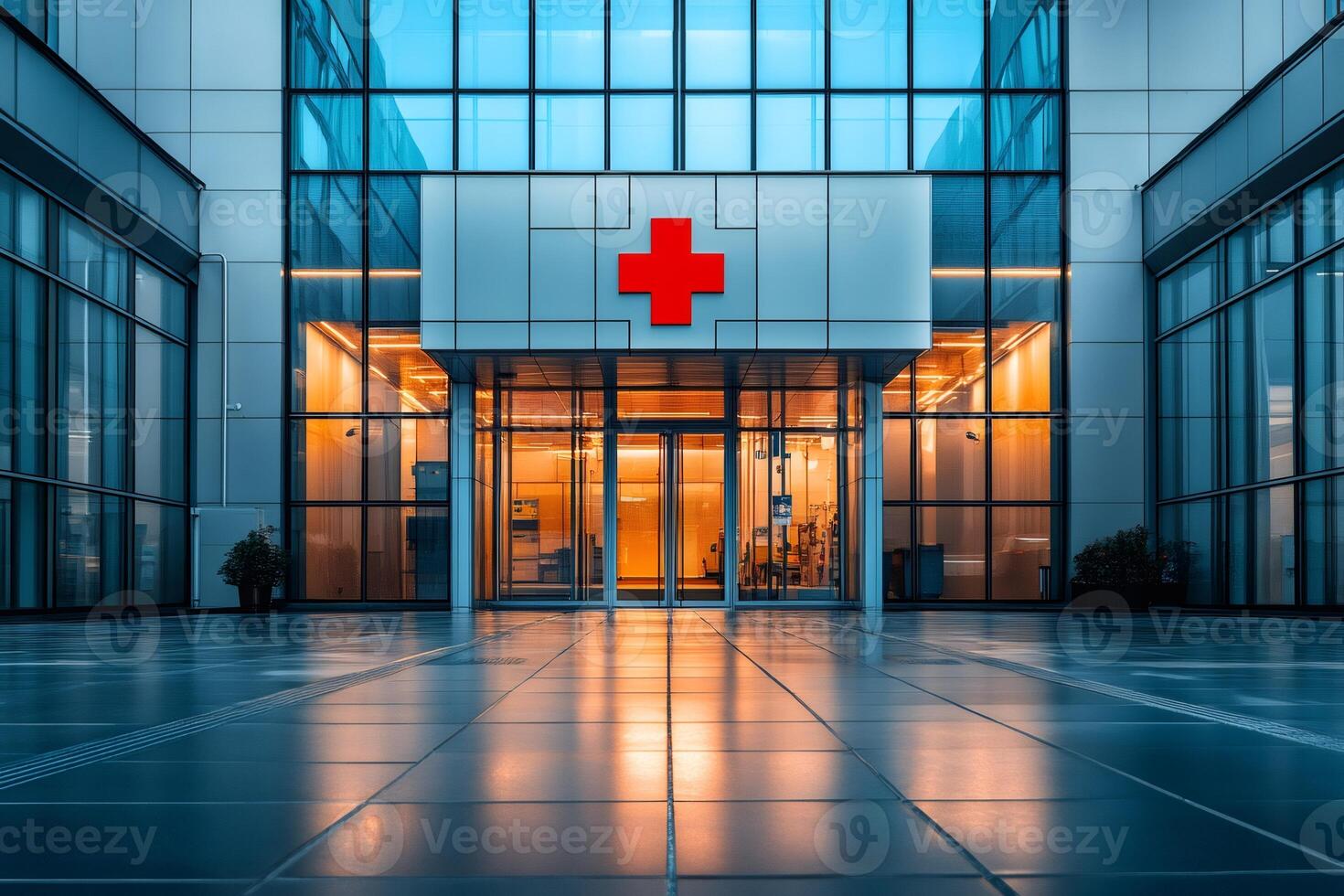 Modern hospital building entrance with red cross symbol at dusk .. photo