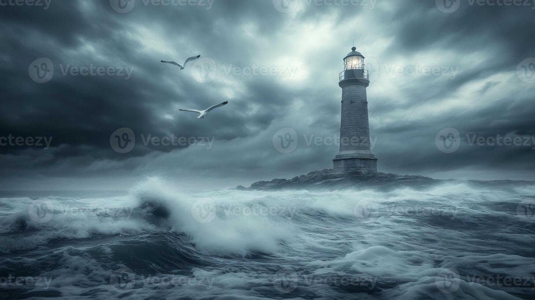 Lighthouse guiding ships through stormy seas and dark clouds with flying seagulls photo