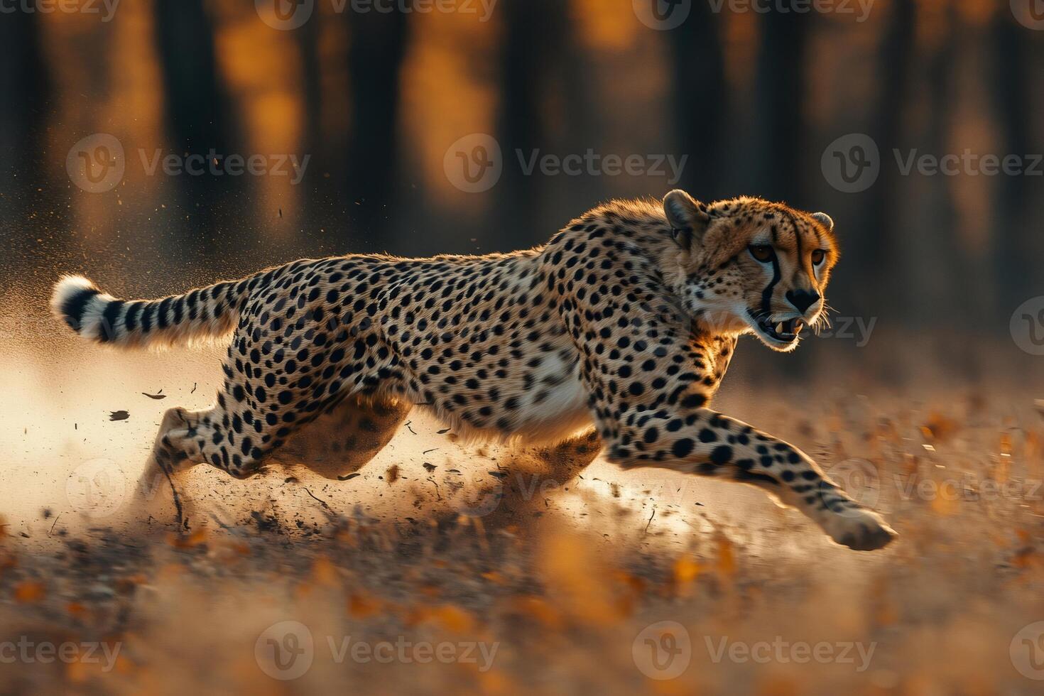 Cheetah running at full speed in the african savanna. . photo