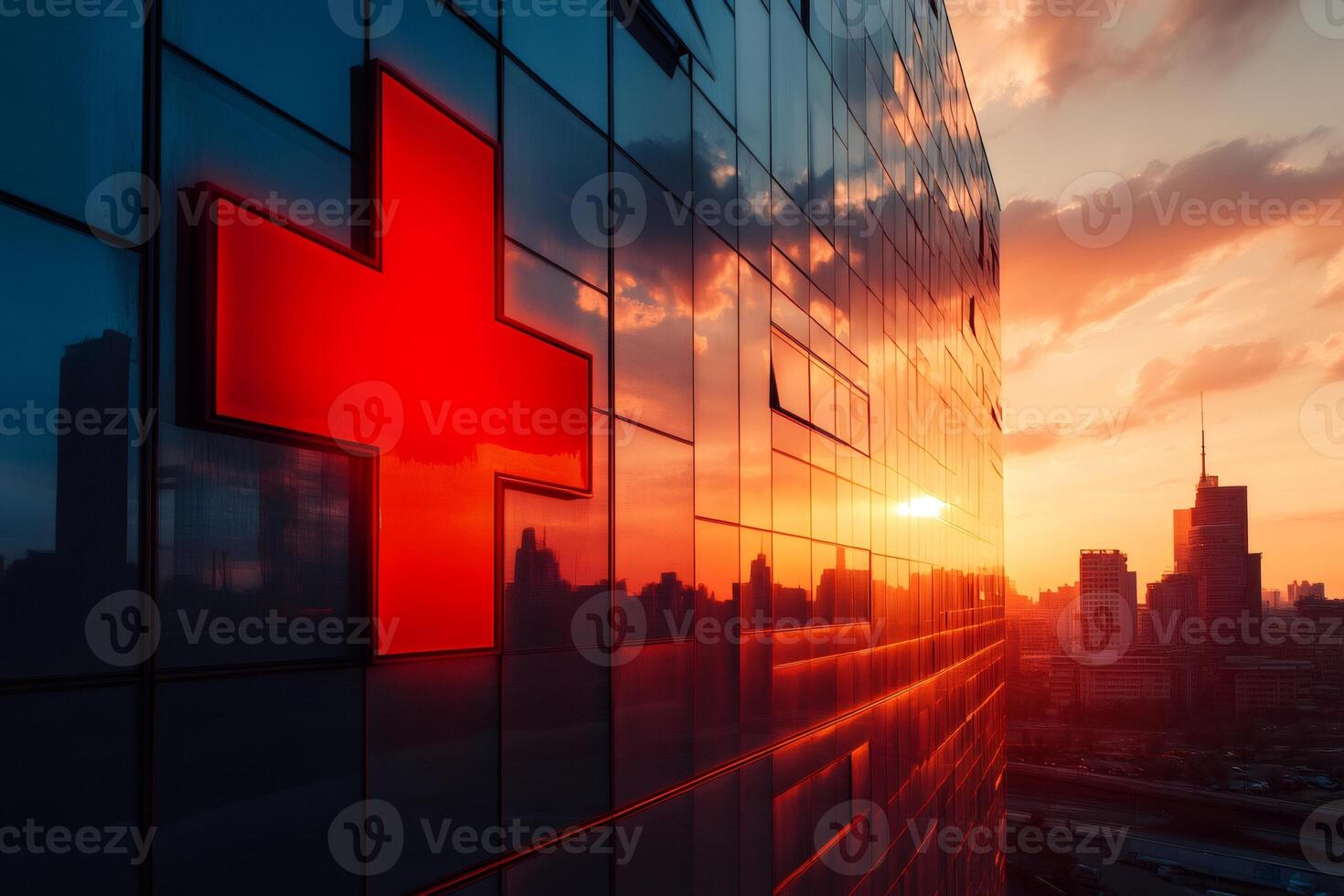 Illuminated red cross signifying hospital on modern building at sunset photo