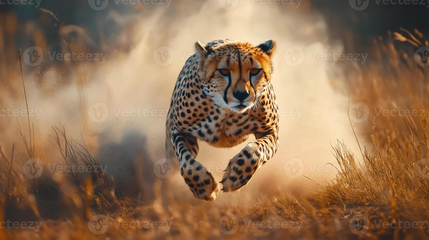 Cheetah running at full speed raising dust in savanna photo