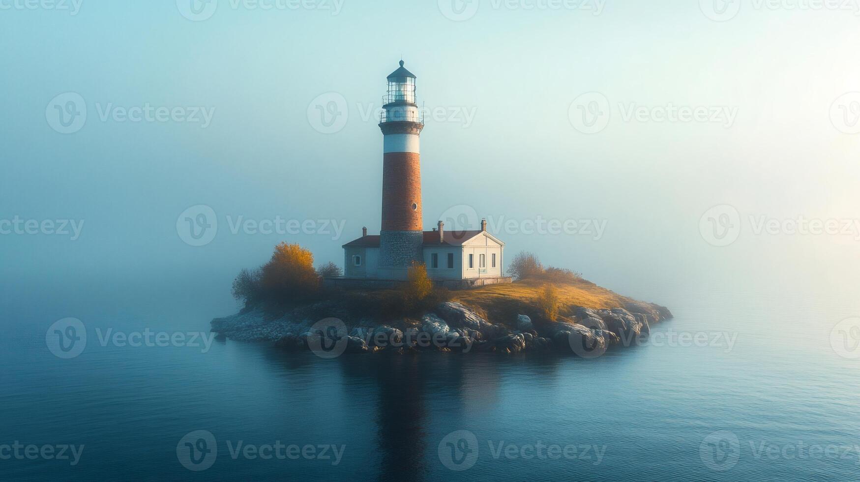 Lighthouse standing on small island in foggy sea during sunrise photo