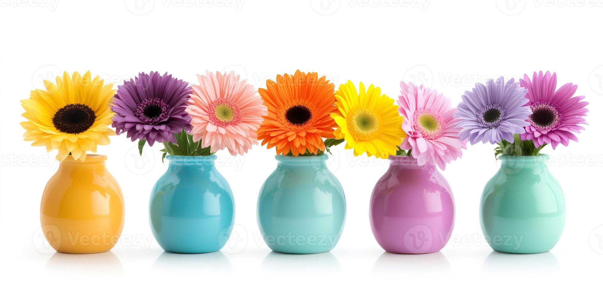 Colorful gerberas and sunflower standing in small vases on white background photo