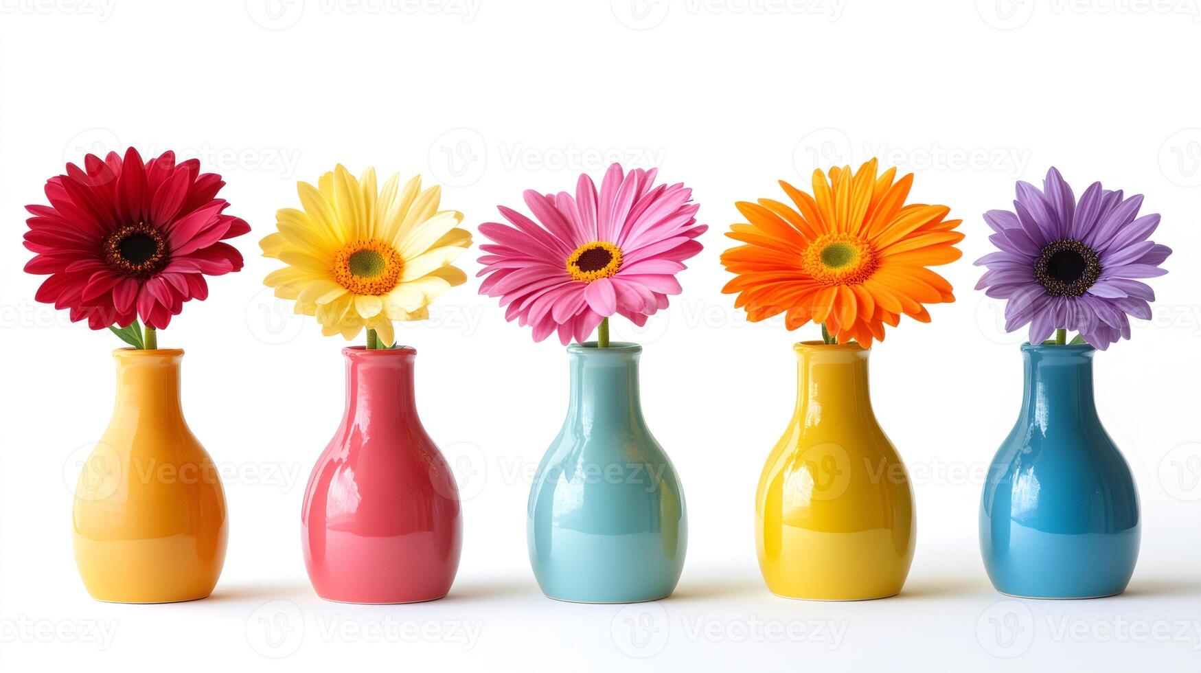 Colorful gerber daisies in matching vases on white background photo