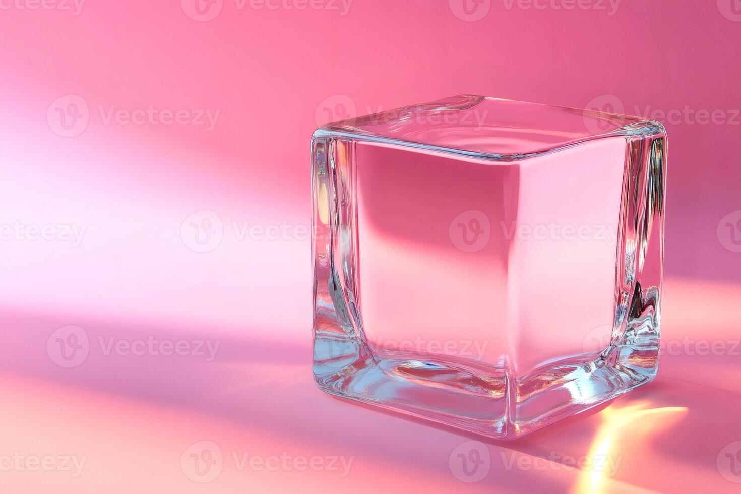 Transparent glass cube shining on pink background photo