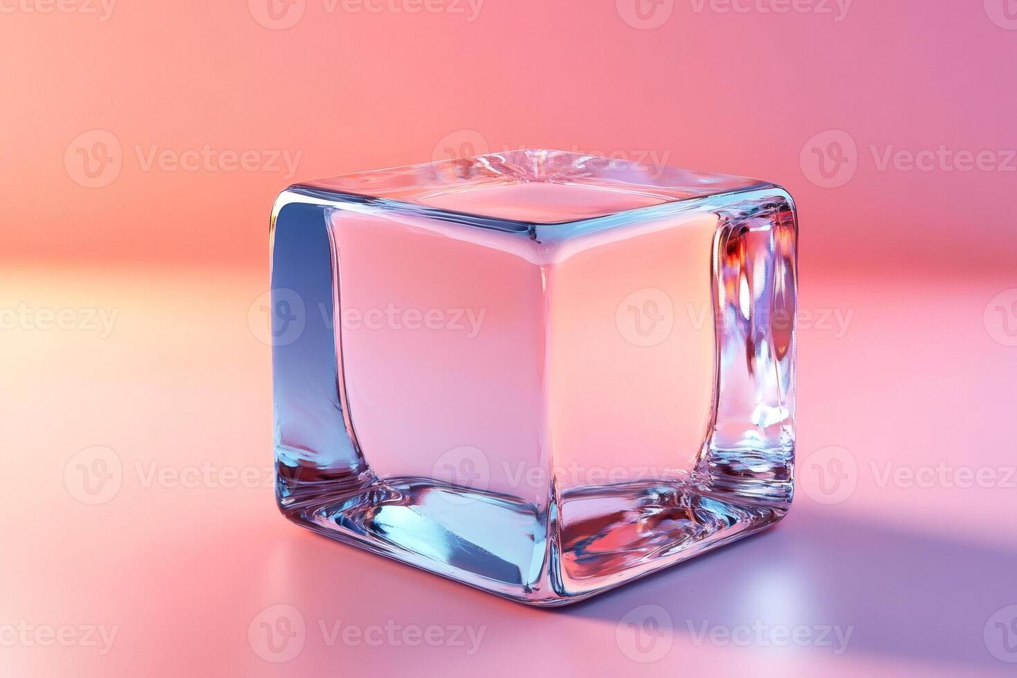 Transparent ice cube melting on gradient pink and orange background photo