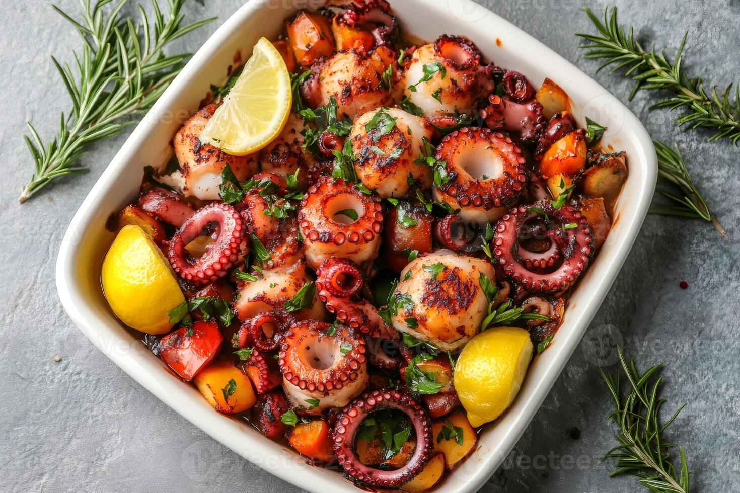 Delicious cooked octopus and scallops with potatoes, peppers, and lemon wedges, garnished with rosemary and parsley photo