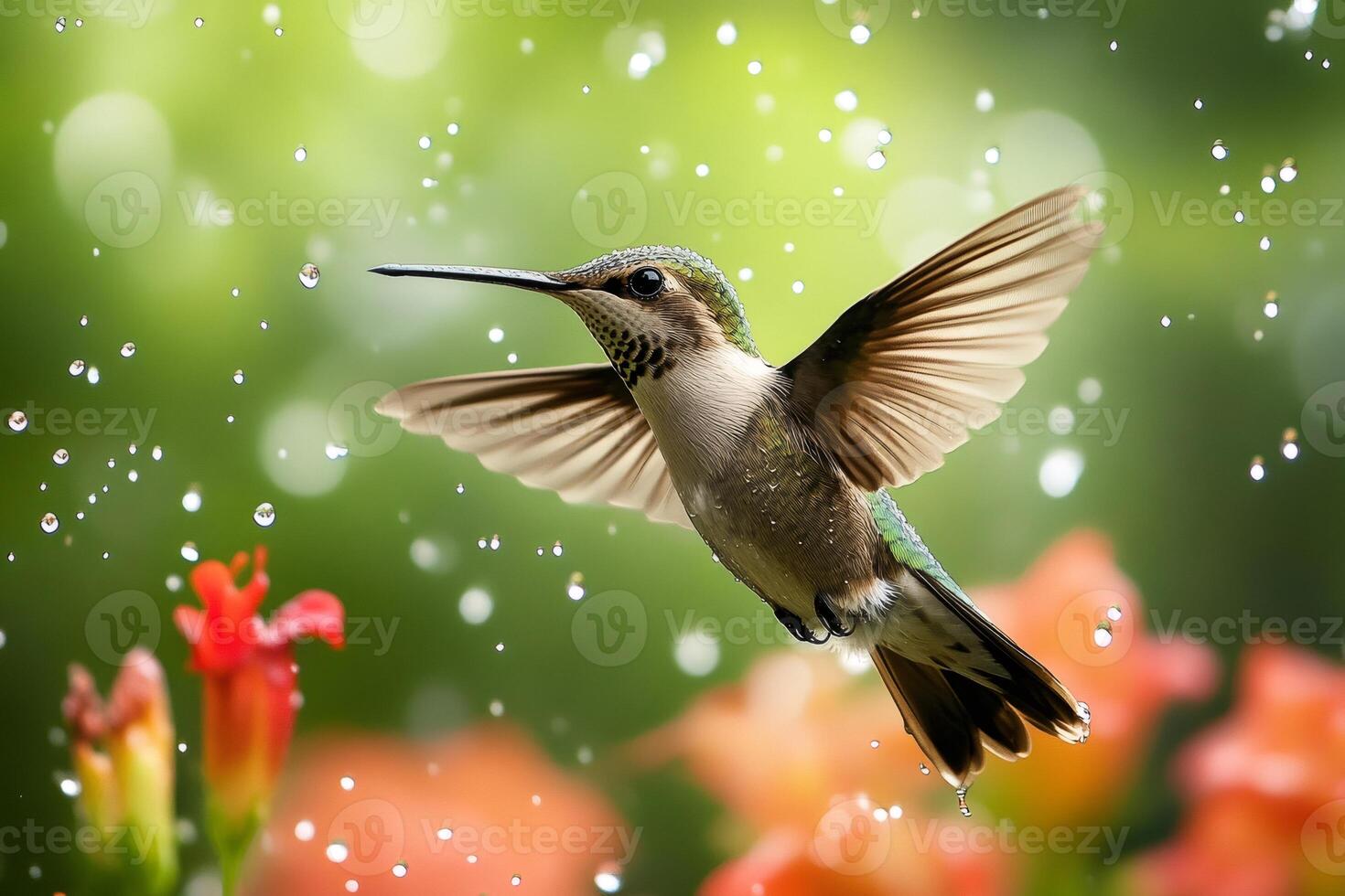Hummingbird flying in rain with orange flowers photo