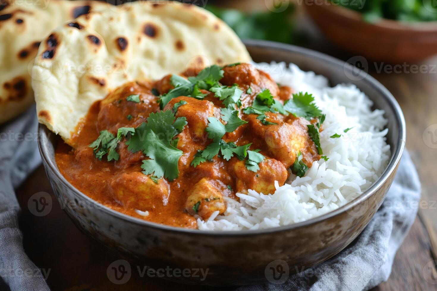 Chicken tikka masala with basmati rice and naan bread garnished with cilantro photo