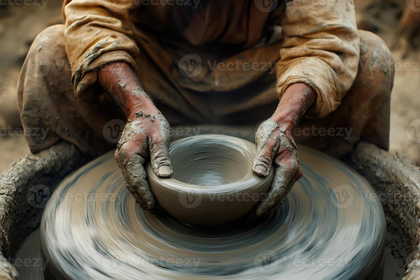 Potter making ceramic pot on pottery wheel photo