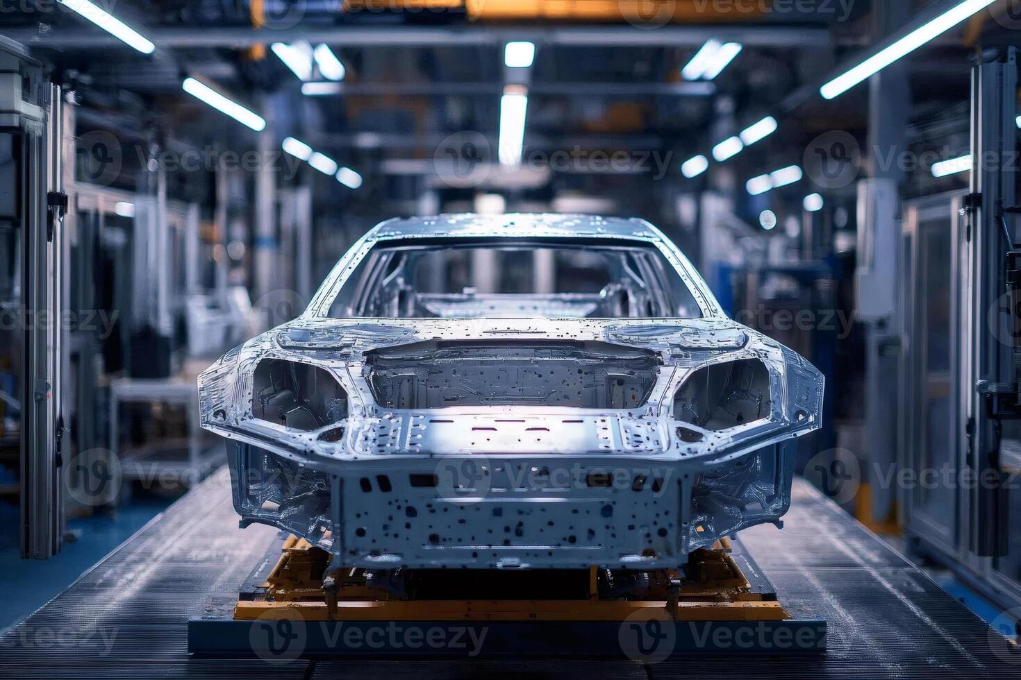 Car body frame being produced on assembly line in a modern car factory photo