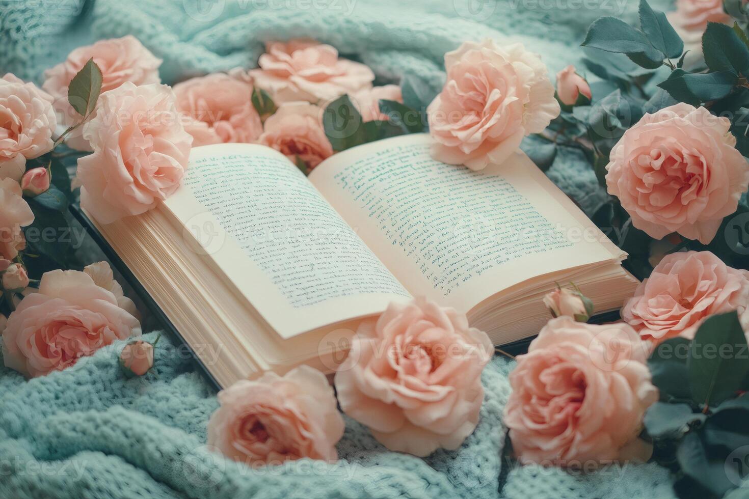 Open book lying on knitted plaid with pink roses around photo