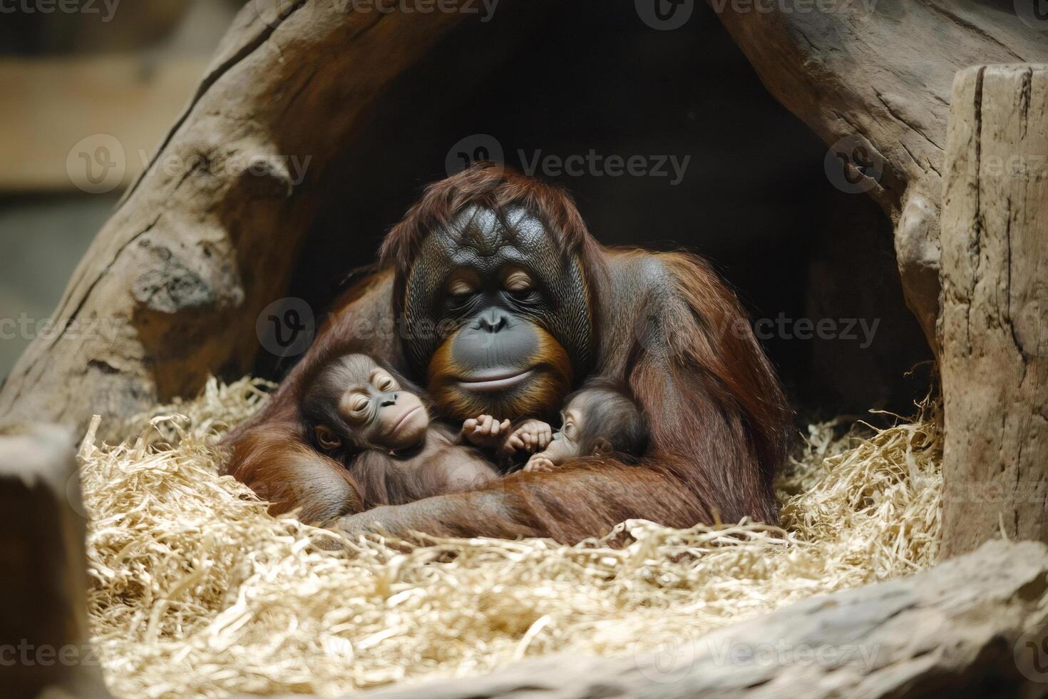 Mother orangutan embracing two babies in nest. . photo