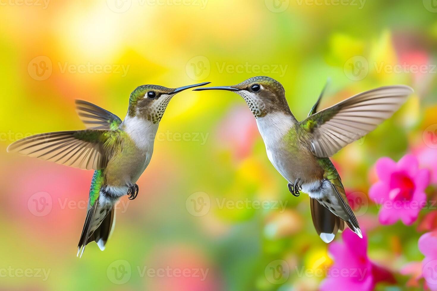 Two ruby throated hummingbirds hovering and facing each other in garden photo