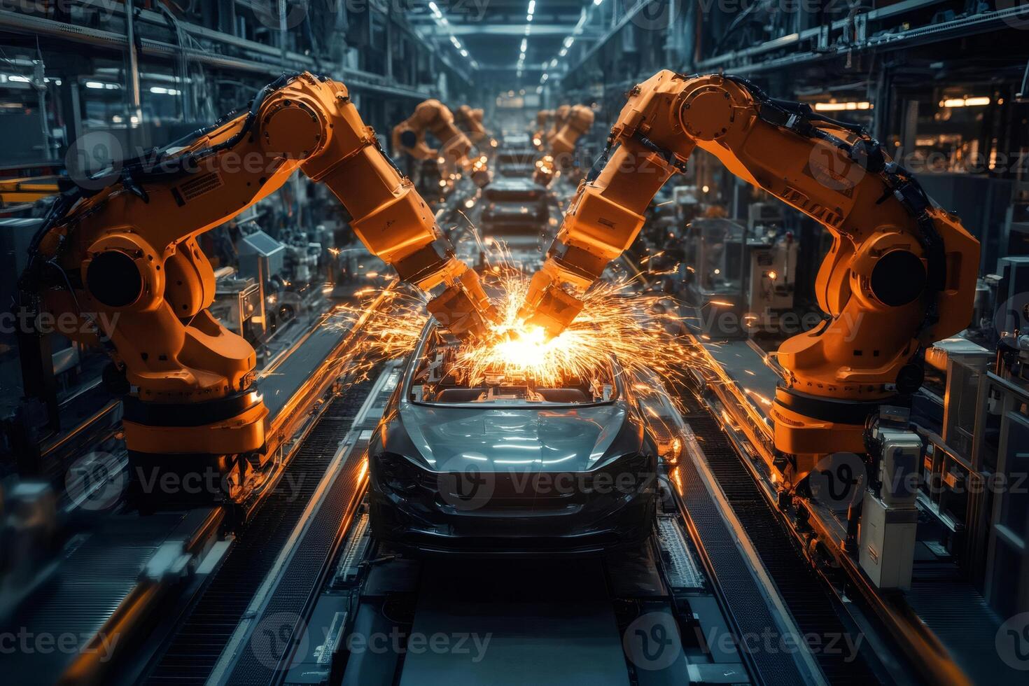 Robotic arms welding car body in automated assembly line photo