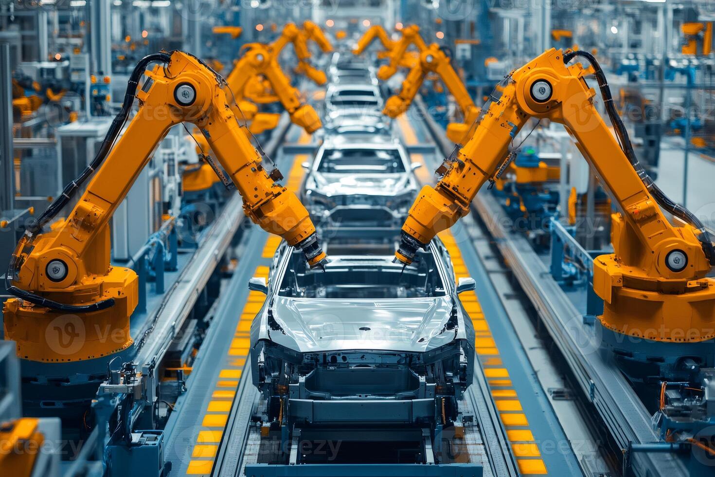 Robotic arms assembling cars in a modern automated factory photo