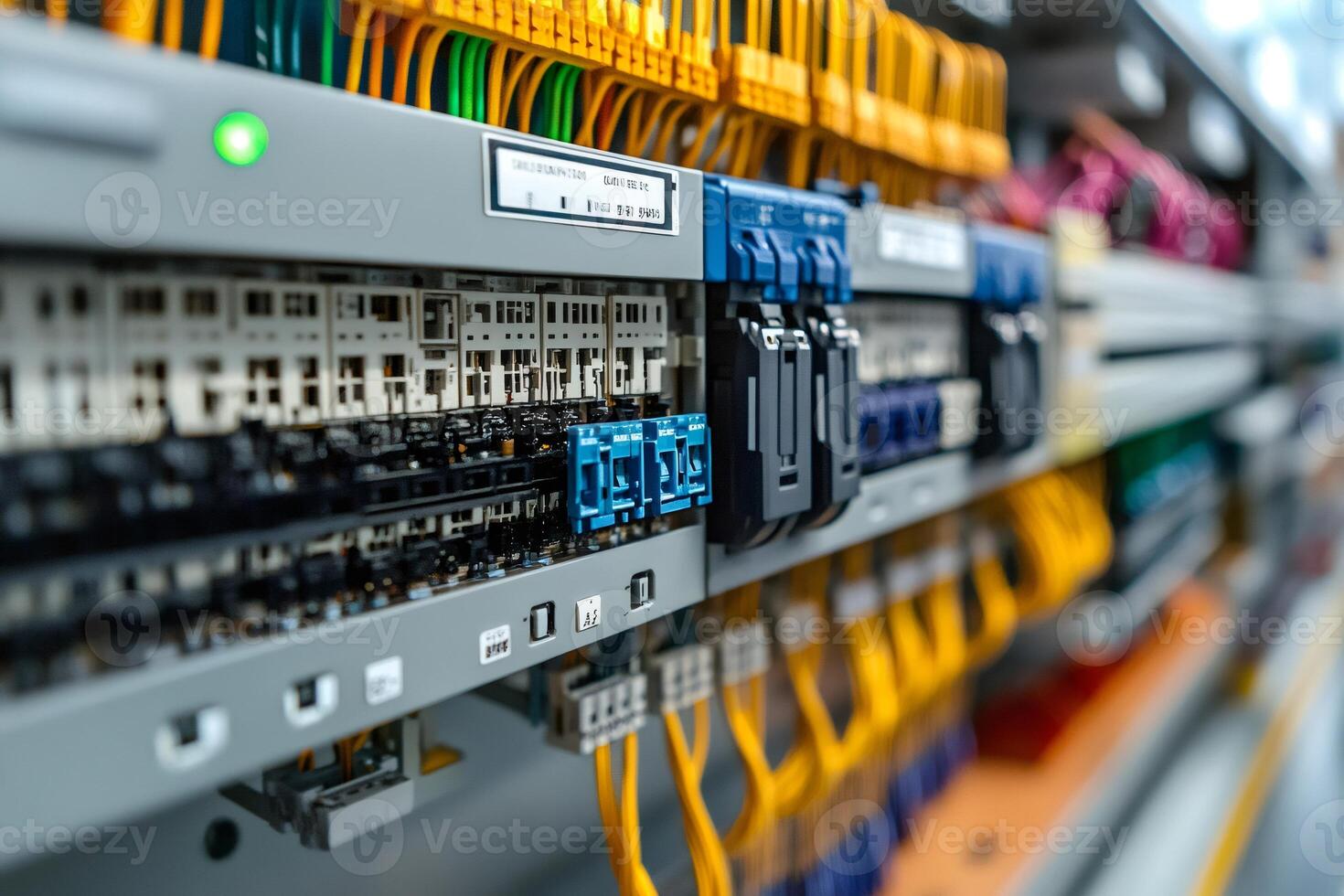 Electrical panel with wires and circuit breakers showing complex wiring and components photo