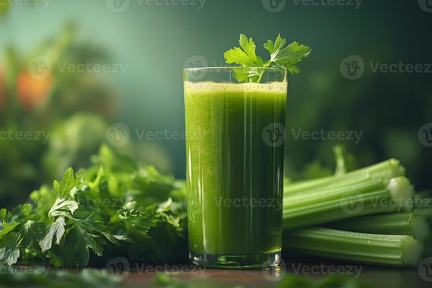 Glass of fresh celery juice with celery stalks on wooden table photo