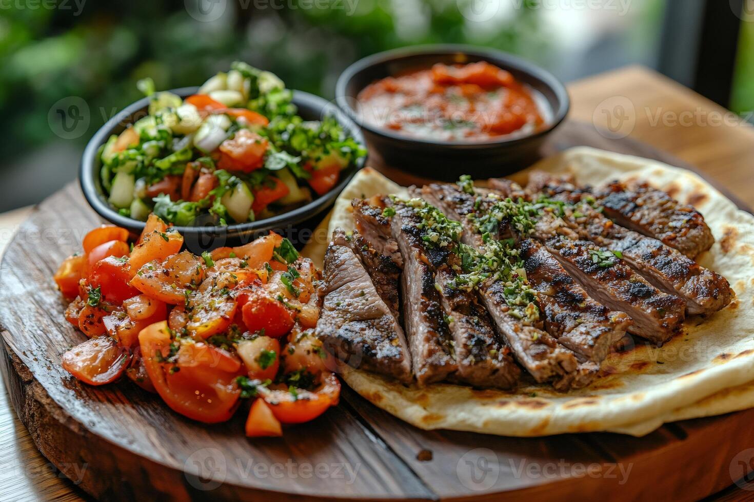 Sliced grilled beef with pita bread, tomato salad, and muhammara on wooden board photo