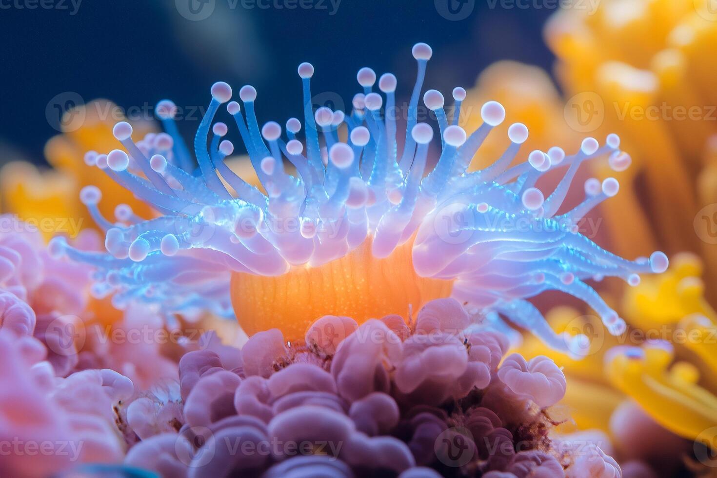 Fluorescent coral polyp glowing underwater on a reef photo