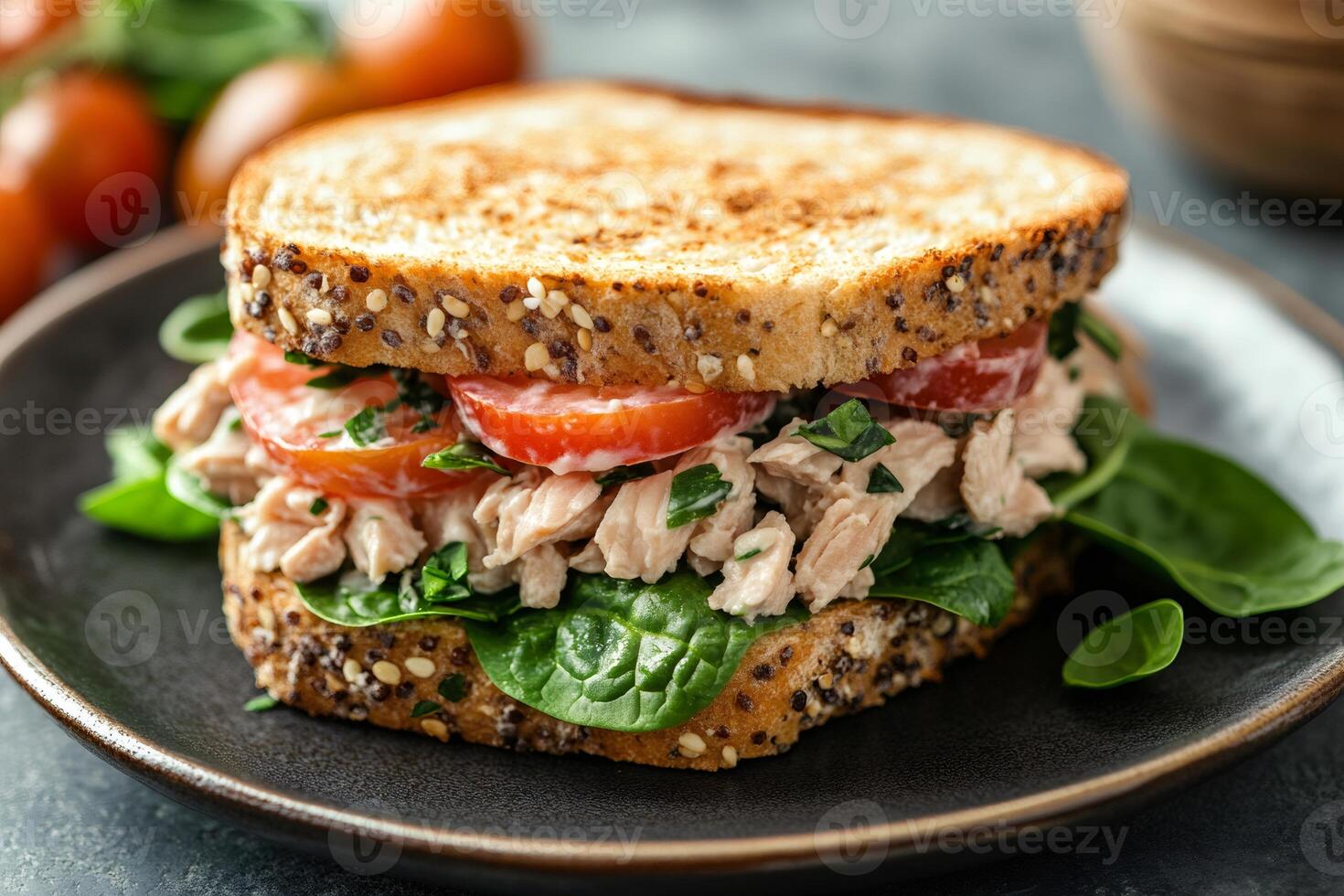 Toasted multigrain bread tuna sandwich with spinach and tomato on a plate photo