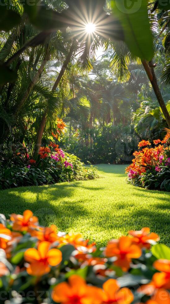 Sun shining through palm trees in beautiful tropical garden photo