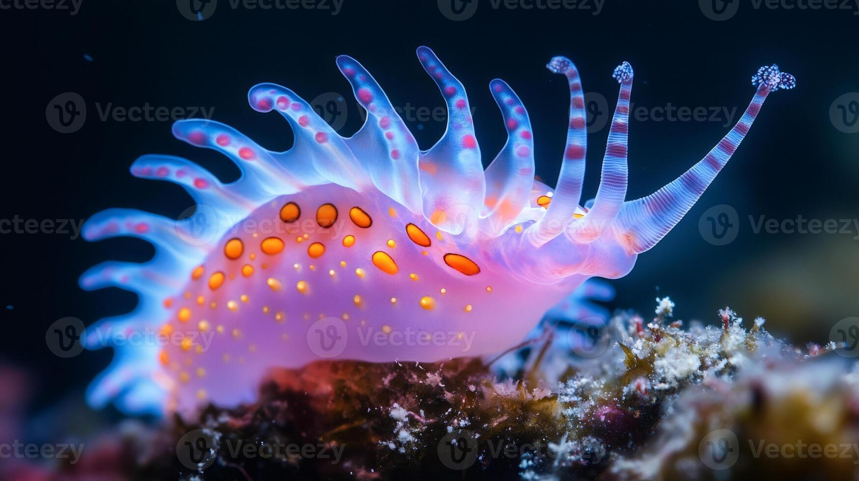 Colorful nudibranch is crawling on seabed in dark ocean water photo