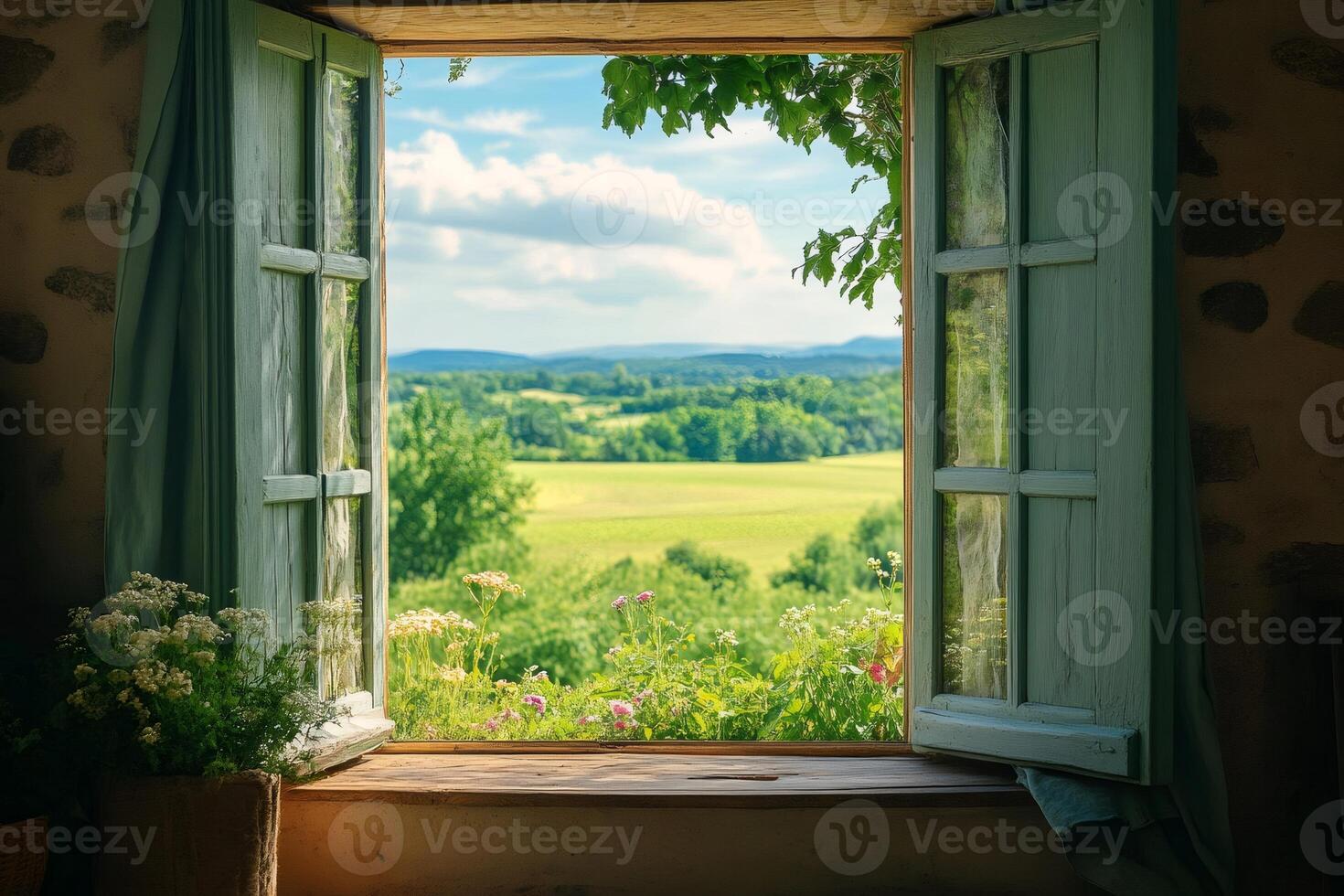 Open window overlooking idyllic countryside landscape in summer photo