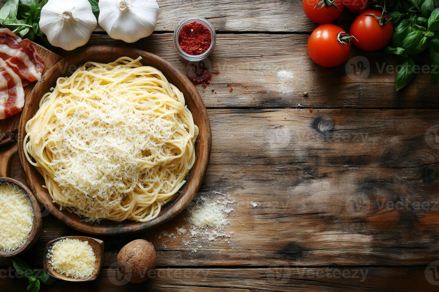 Delicious spaghetti with parmesan, bacon and ingredients on rustic wooden table photo