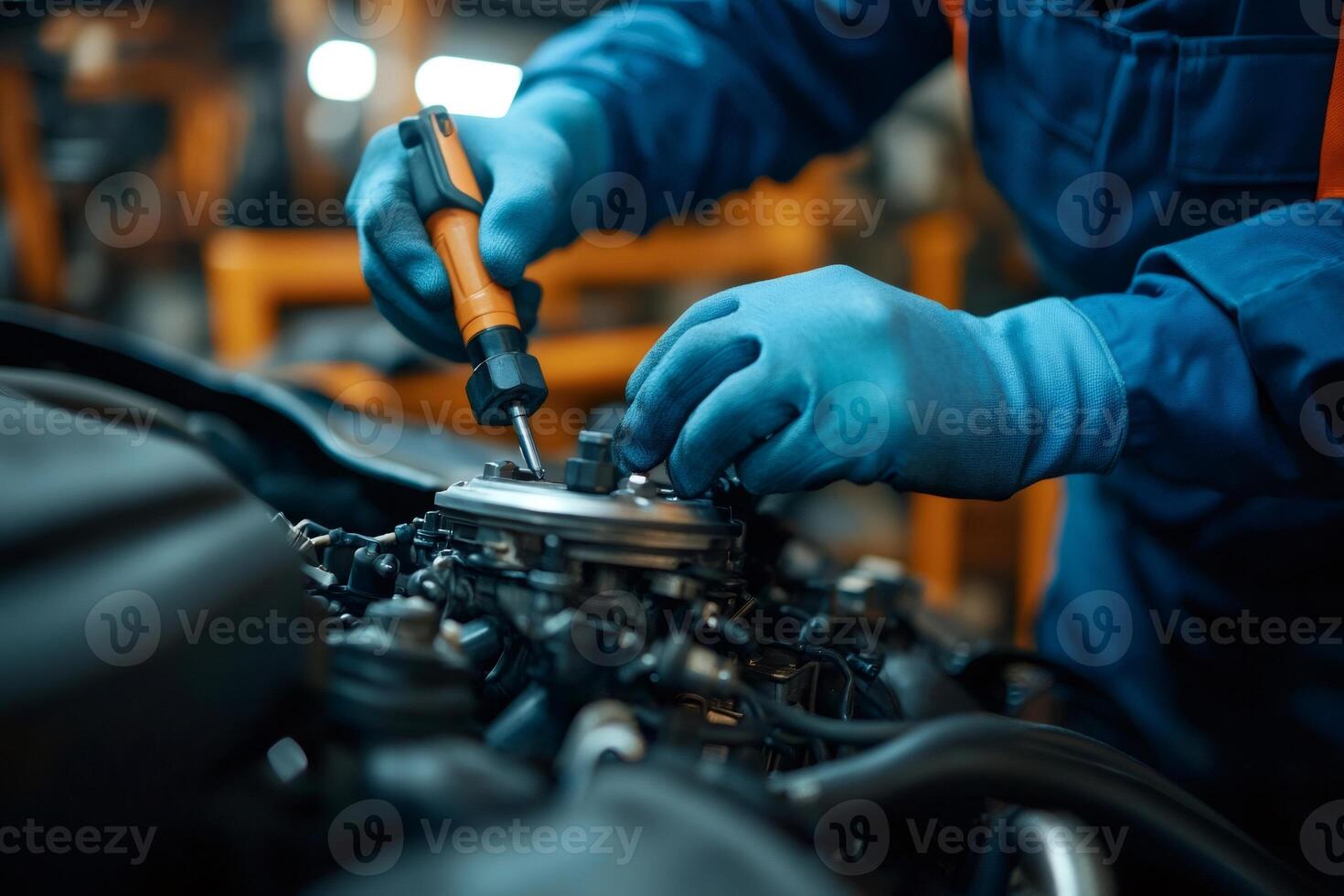 Car service worker fixing vehicle engine using a screwdriver photo