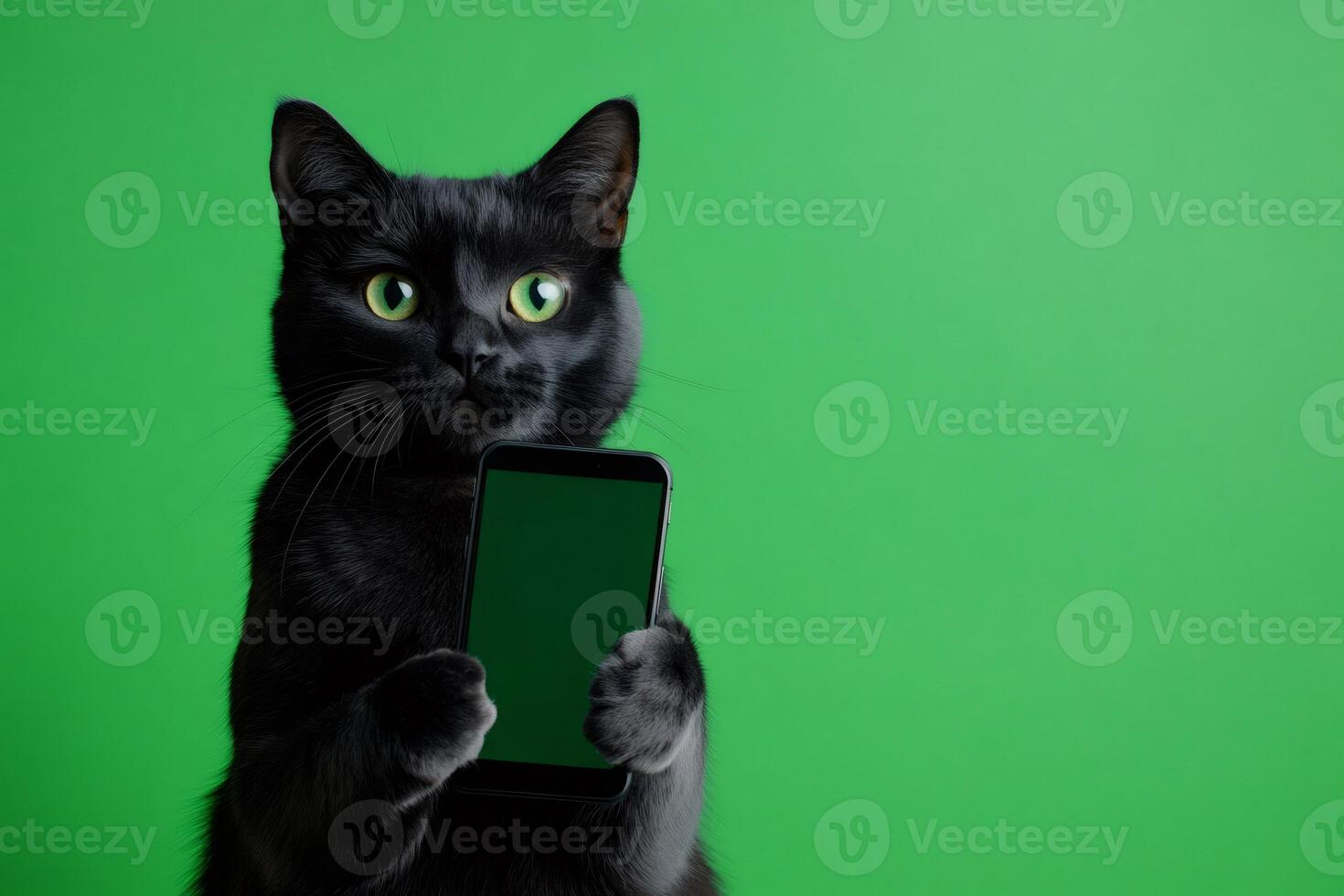 Black cat showing smartphone with green screen on green background.. photo