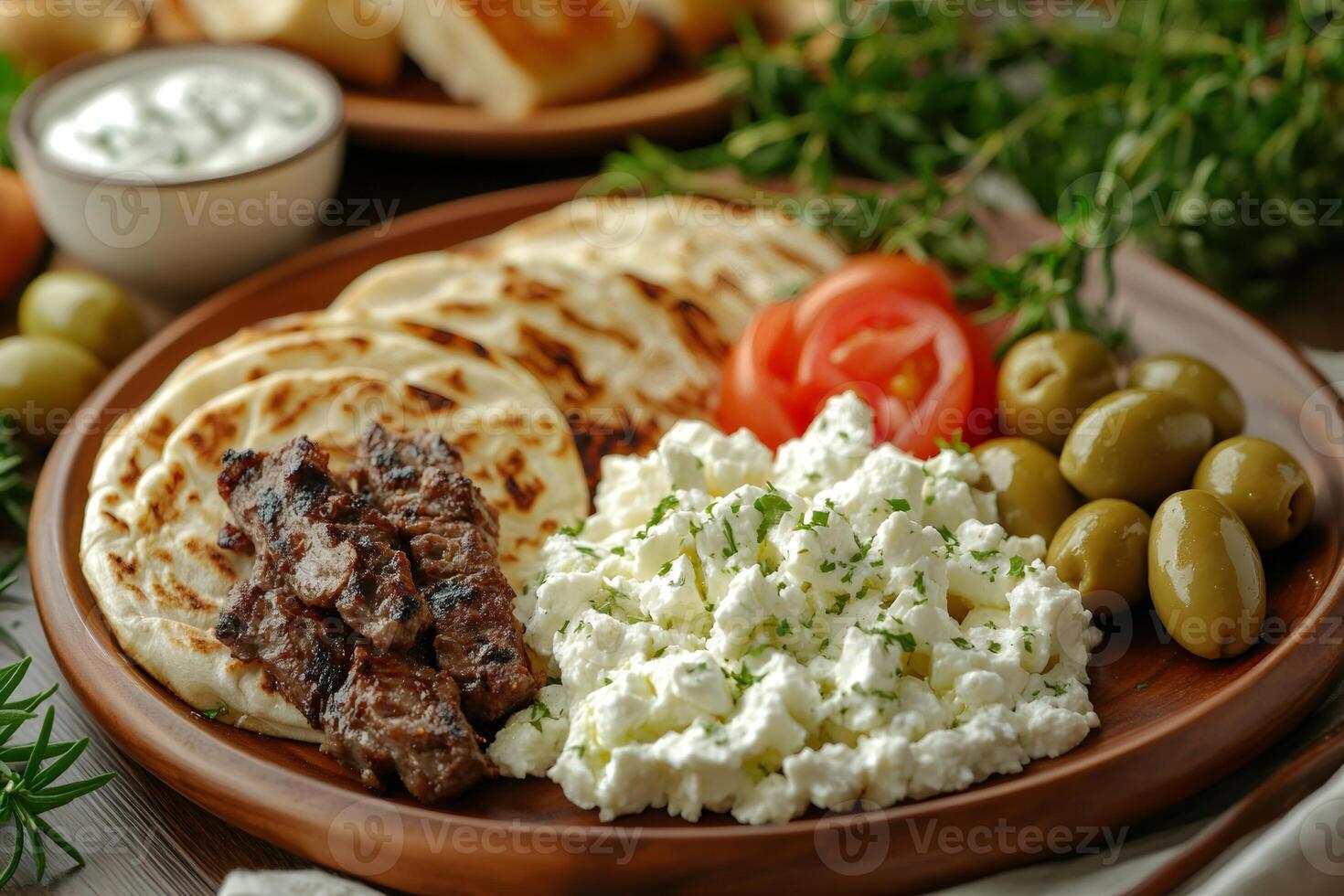 Delicious mediterranean breakfast with grilled meat, pita bread, and feta cheese photo