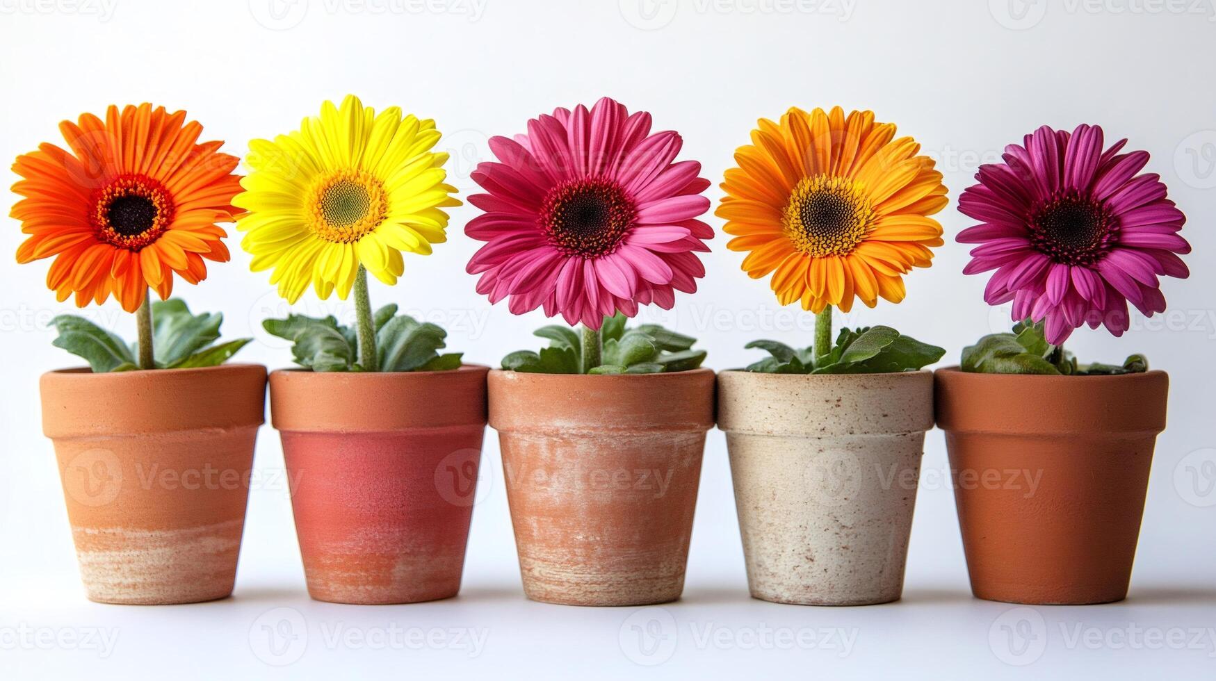 Five colorful gerbera daisies growing in terracotta pots photo