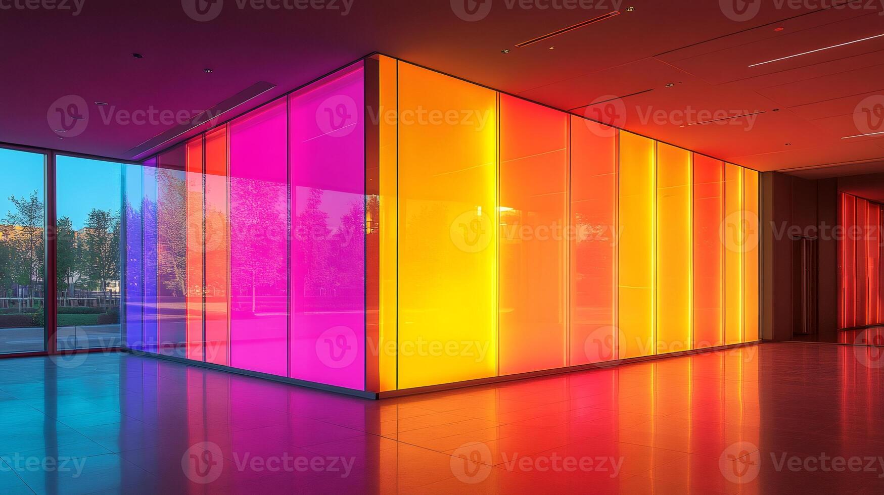Modern architecture showcasing vibrant multicolored glass panels in empty hallway photo