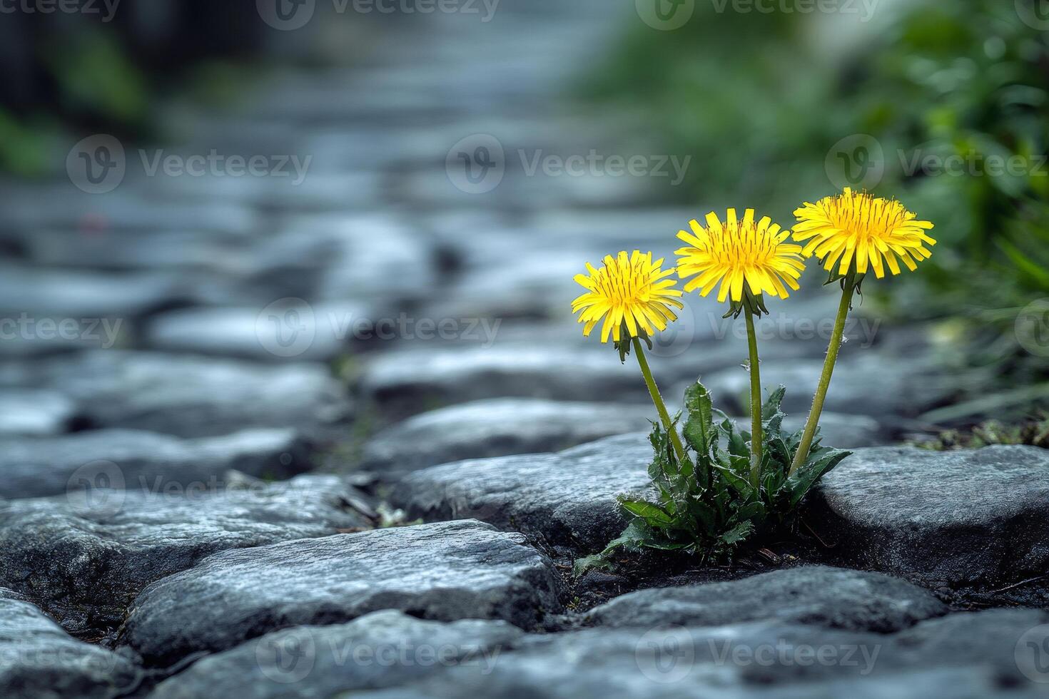 Dandelions growing tenaciously through cracks in cobblestone street photo