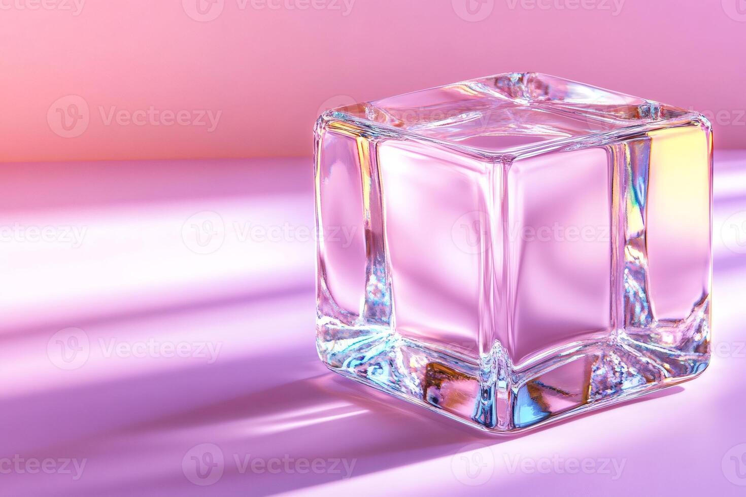 Transparent glass cube shining on pink background with light reflections photo