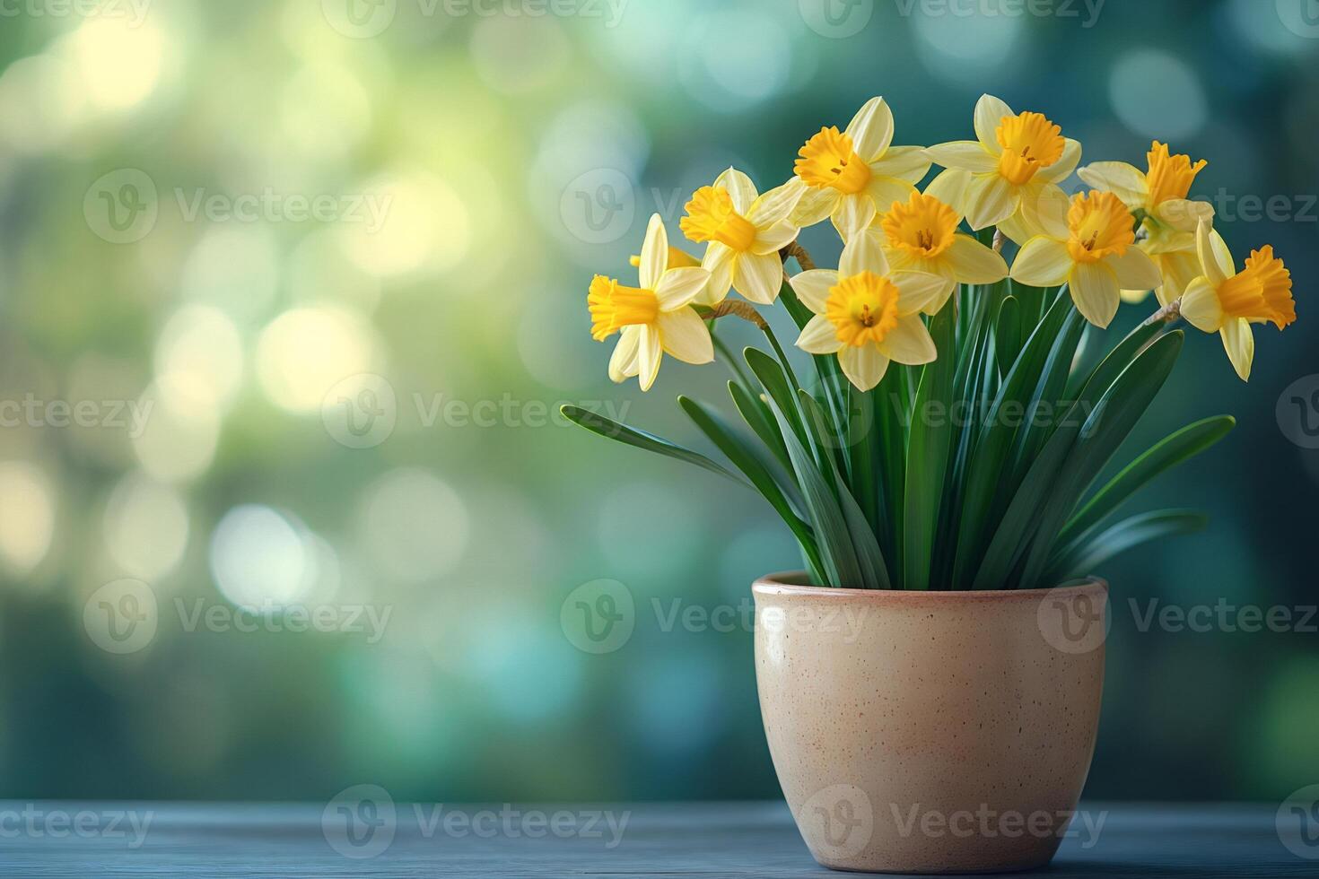 Pot of blooming daffodils bringing spring cheer on a blurred background photo
