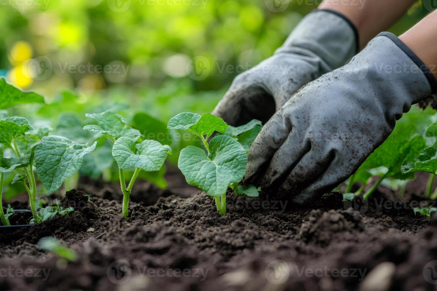 Farmer planting seedlings in fertile soil, cultivating growth.. photo