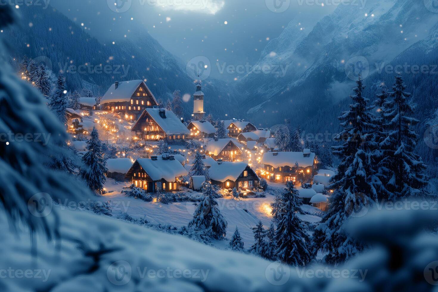 Snow falling on cozy illuminated wooden chalets in mountain village at twilight photo