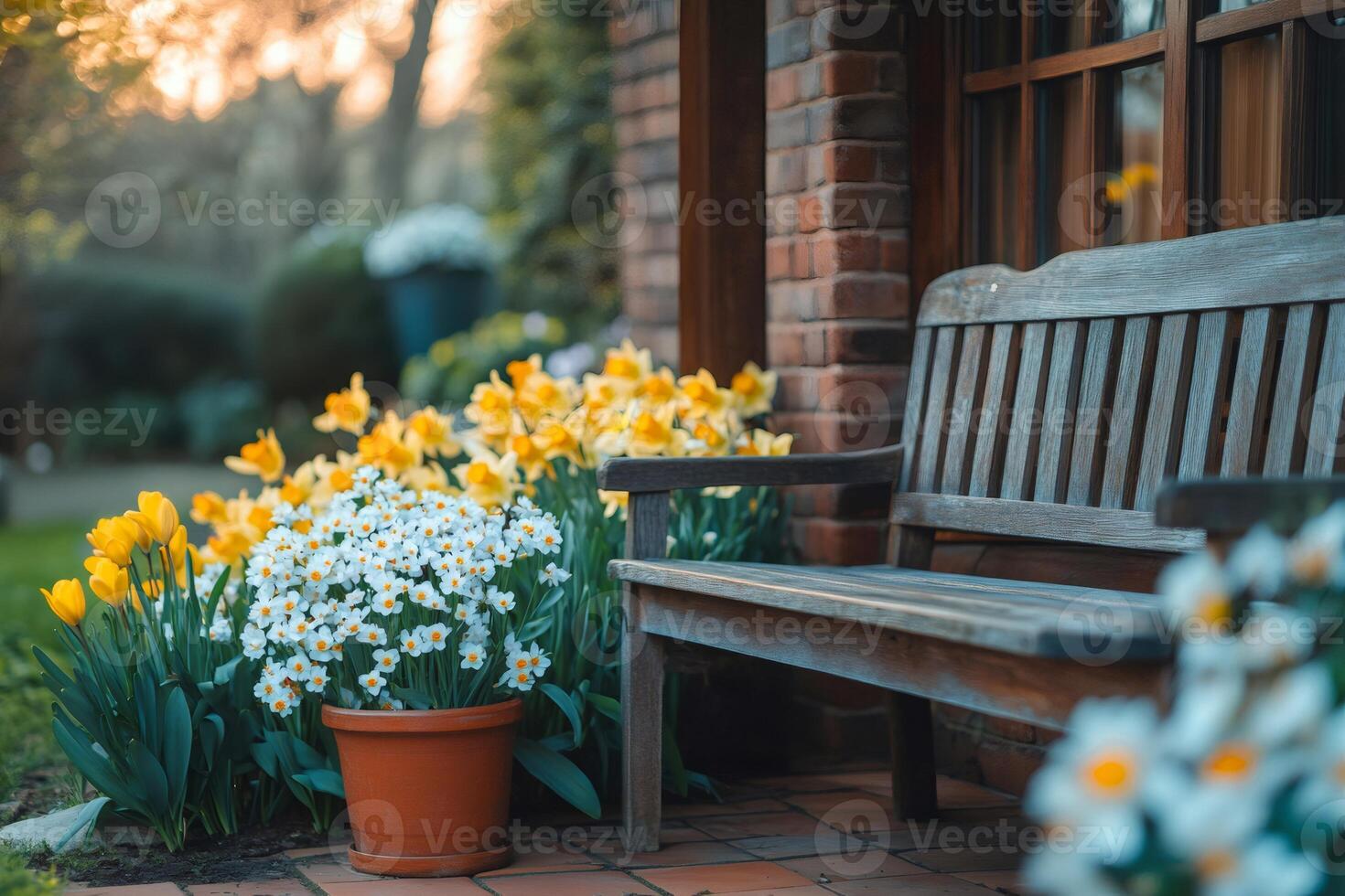 Wooden bench invitingly sitting amidst blooming daffodils and tulips in a tranquil garden photo