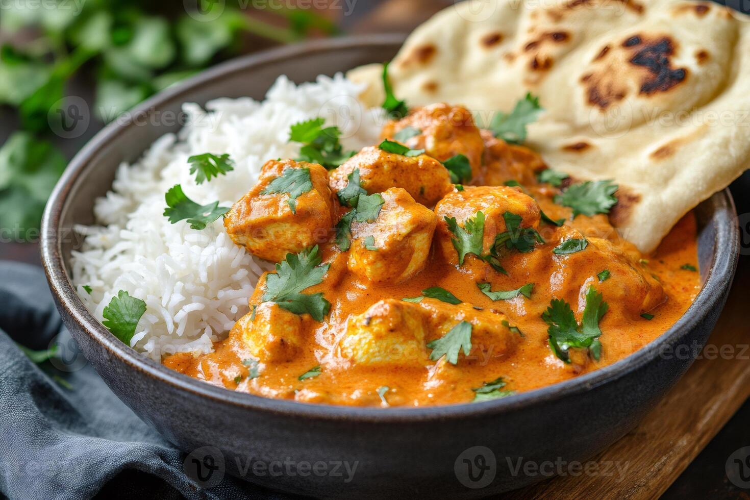 Chicken tikka masala with basmati rice and naan bread garnished with cilantro.. photo