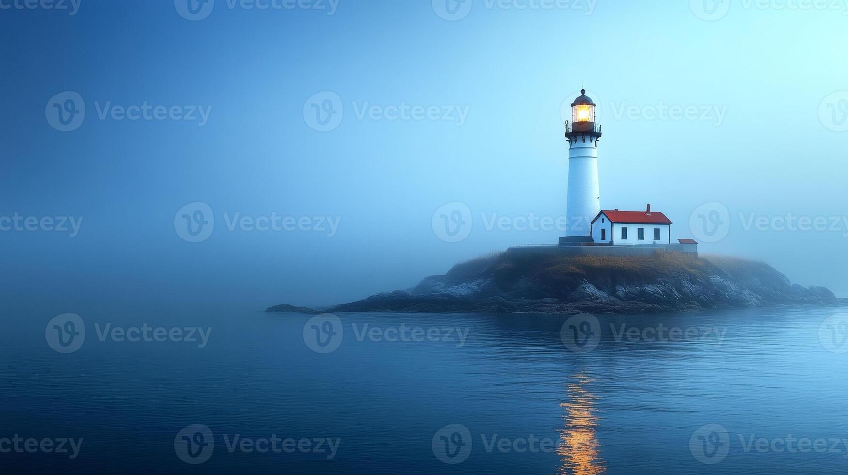 Lighthouse shining on foggy island at twilight guiding ships to safety photo