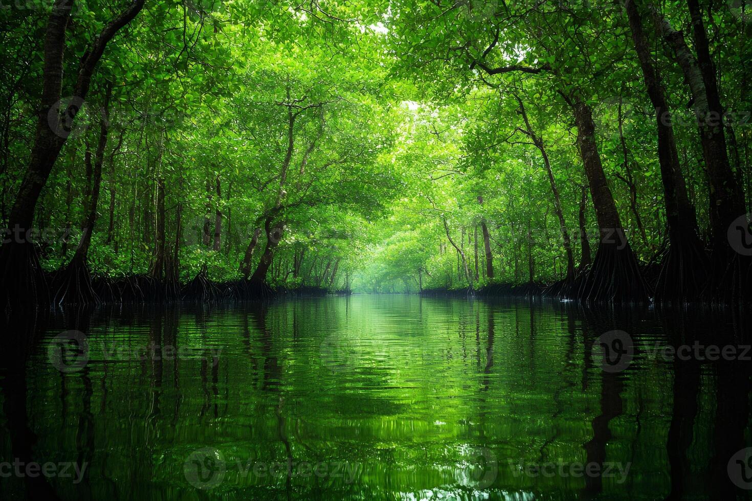 Lush green mangrove forest reflecting in the calm river water photo