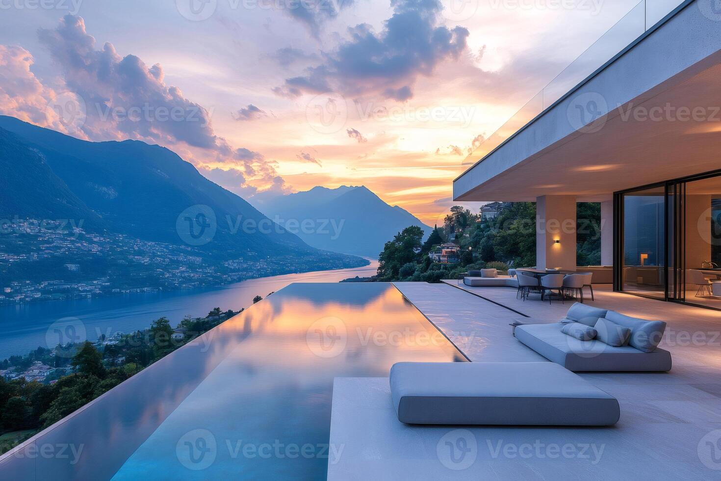 Infinity pool overlooking picturesque lake como at sunset with modern architecture photo
