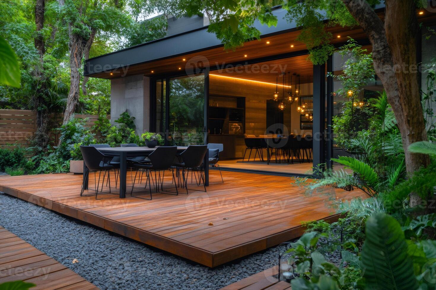 Modern house exterior with wooden deck, dining table and lush garden photo