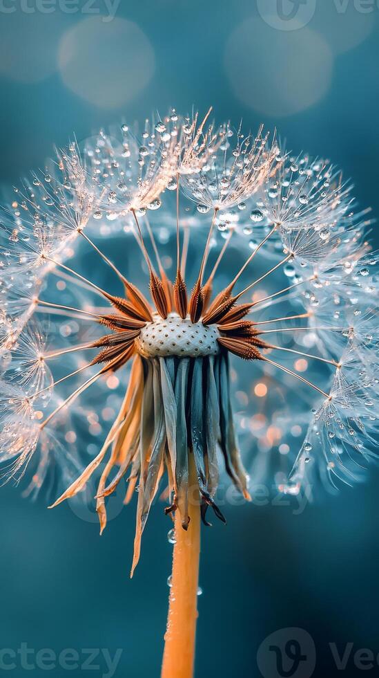 Dandelion seeds with water droplets reflecting light on teal background photo