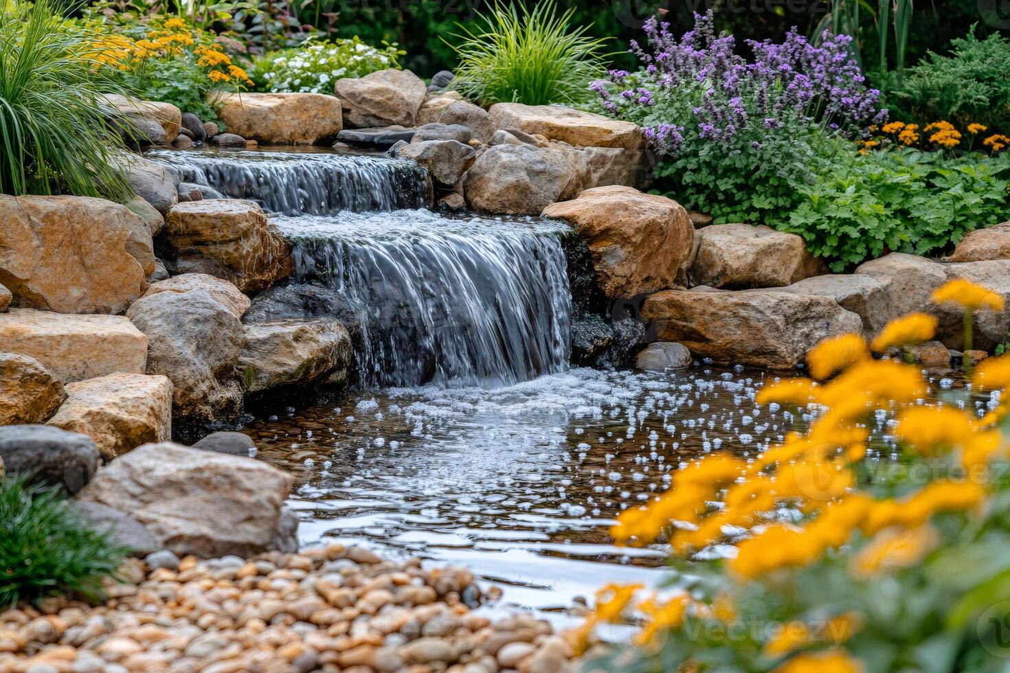 Cascading waterfall flowing into tranquil pond in lush garden photo